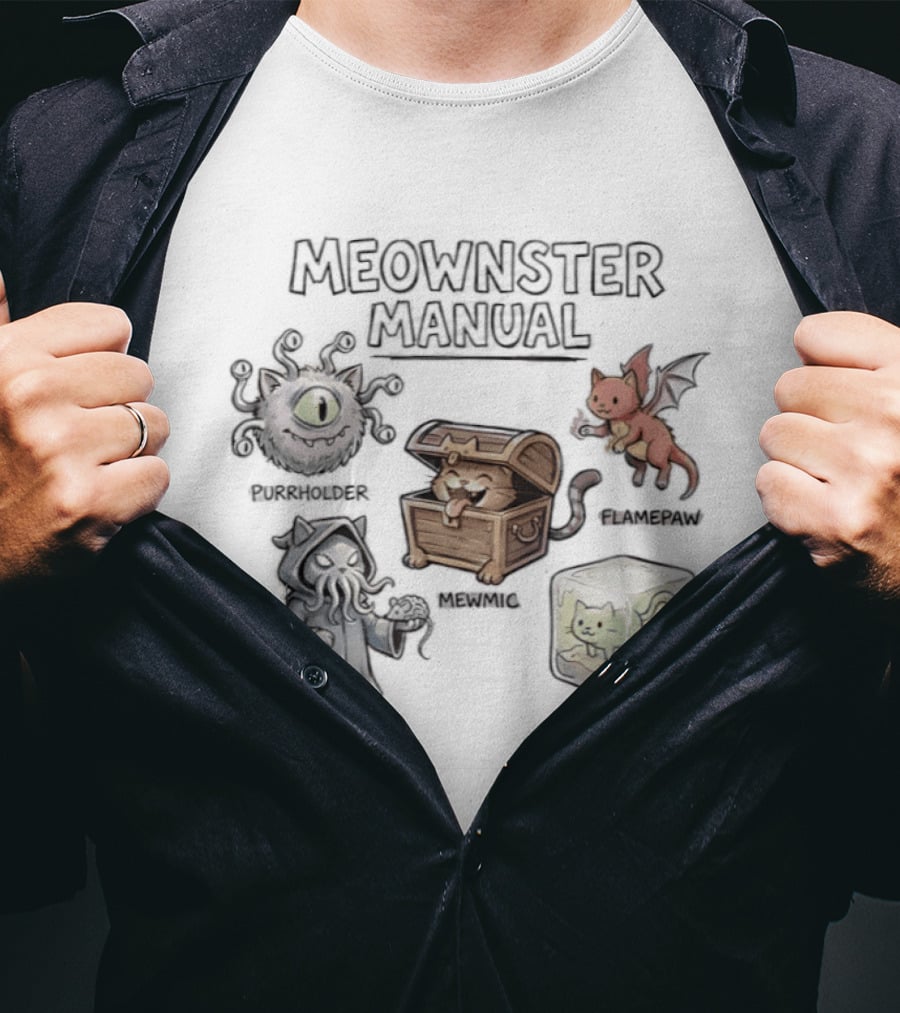 Meownster Manual Beholder Cat Cattack Mimic Abomination Cube Dragon Kitten T-Shirt