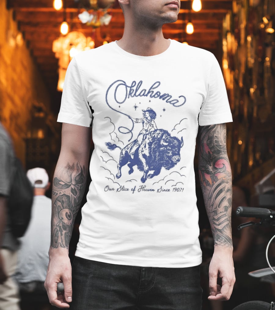 Oklahoma Our Slice Of Heaven Since 1907 Cowgirl Riding Buffalo T-Shirt