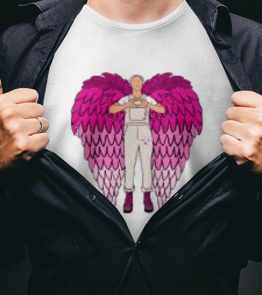 Plumes Store White Pink Winged Figure Overalls T-Shirt
