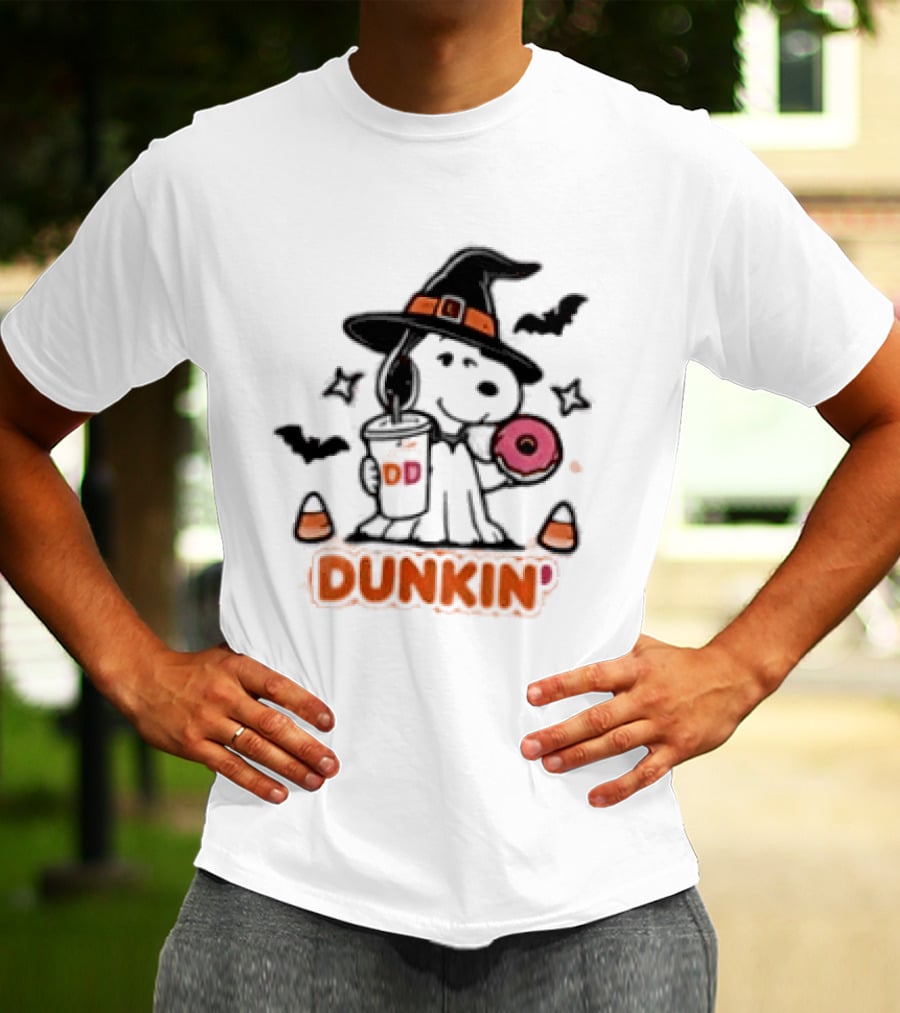 Snoopy Dunkin Donuts Halloween Witch Doughnut Coffee Cup Bats Candy Corn T-Shirt