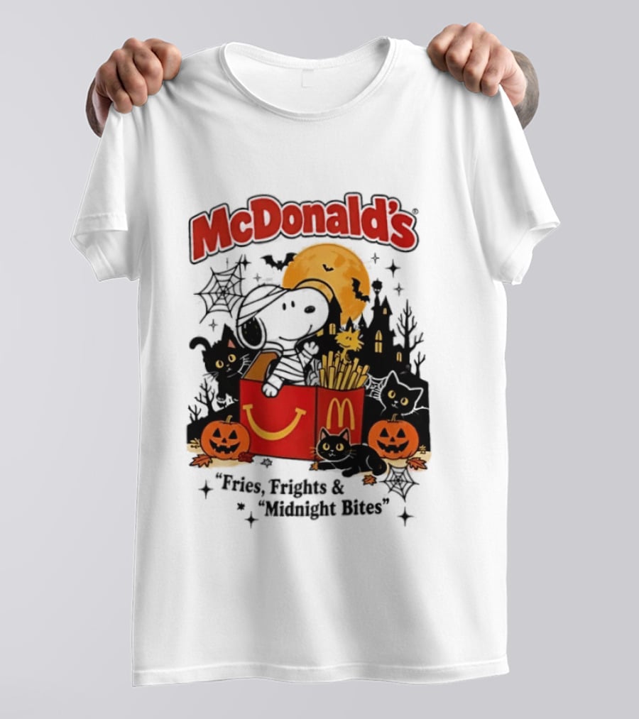 Snoopy McDonald's Halloween Fires Frights Midnight Bites Pumpkin Black Cat Moon T-Shirt