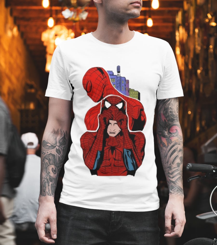 Marvel Spider Man Peter Parker Cityscape Collage T-Shirt