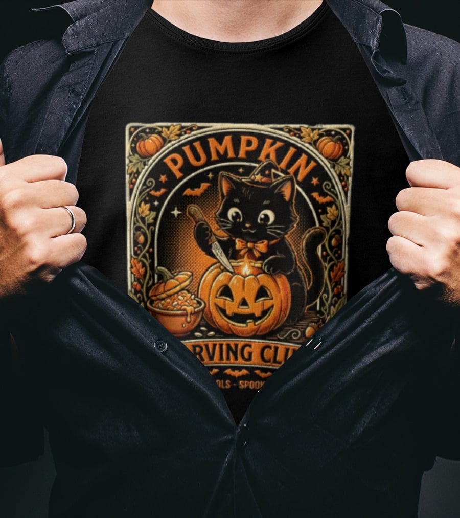 Pumpkin Carving Club Black Cat Sharp Tools Spooky Vibes T-Shirt