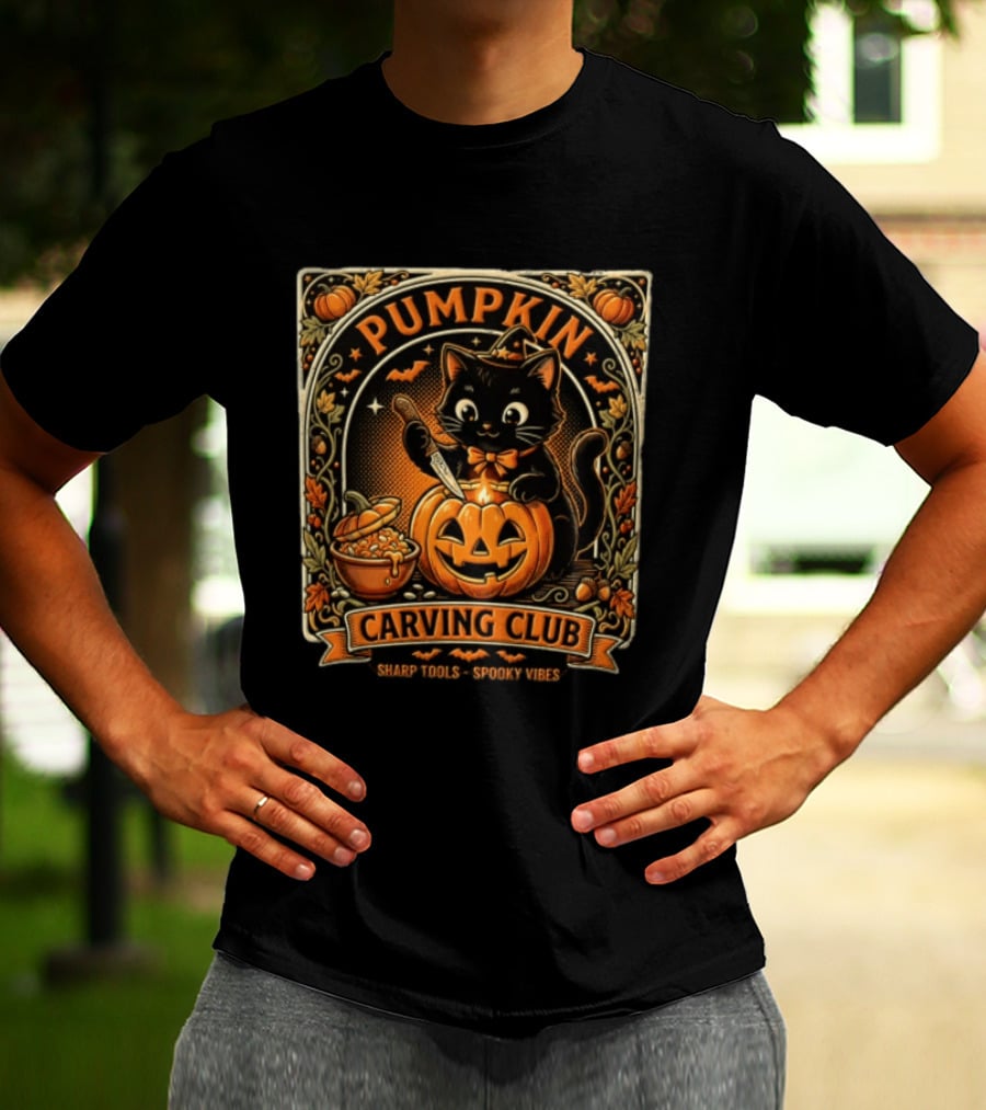 Pumpkin Carving Club Black Cat Sharp Tools Spooky Vibes T-Shirt