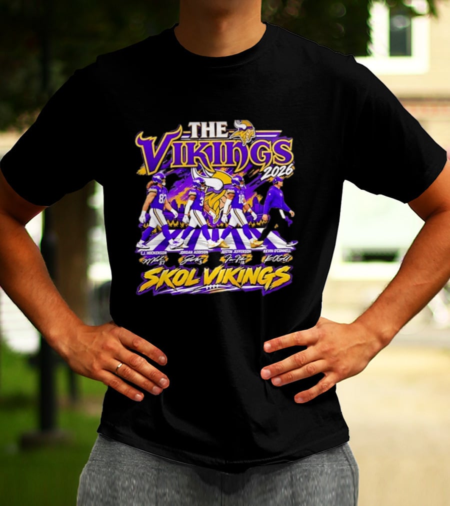 The Vikings 2026 J.J. Hockenson Jordan Addison Justin Jefferson Kevin O'Connell Skol Vikings T-Shirt