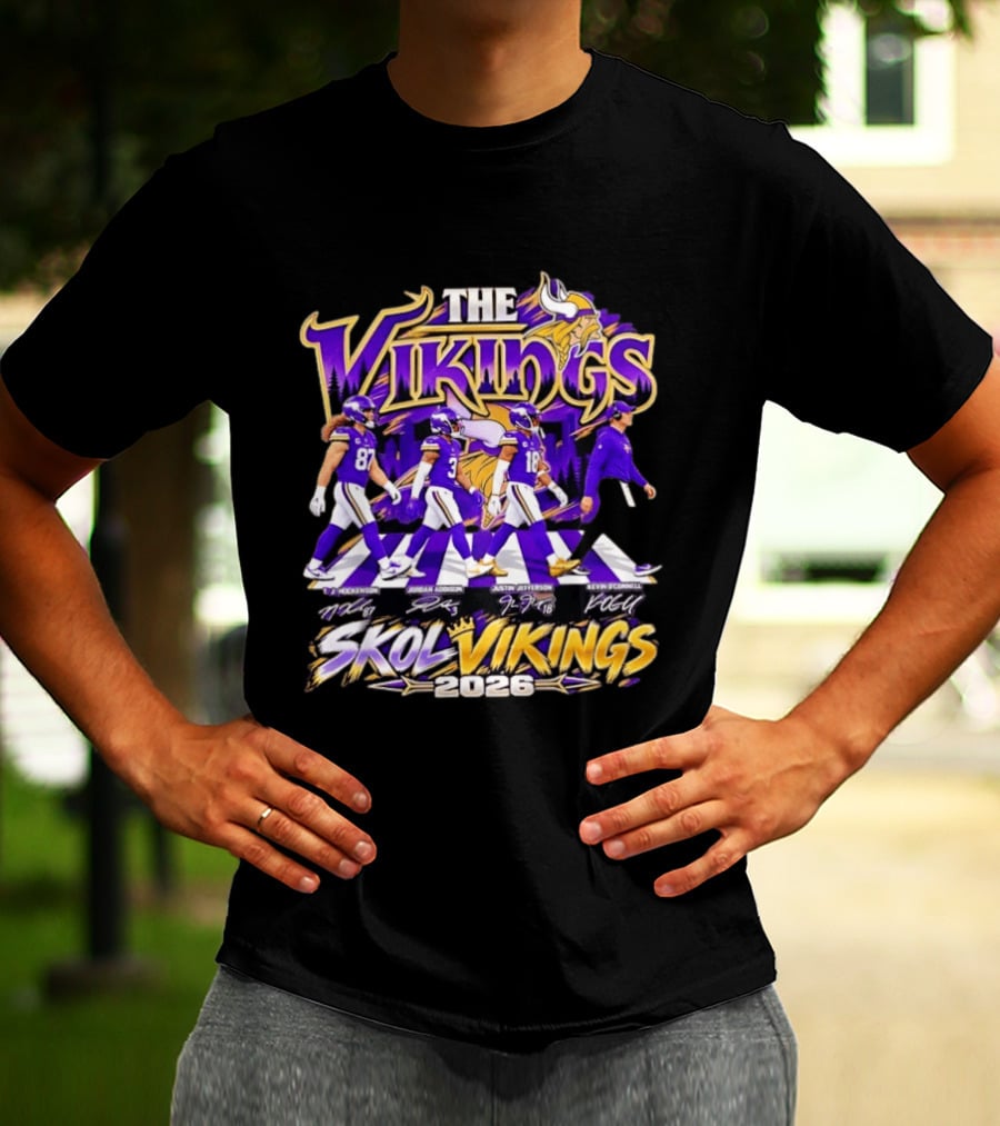 Minnesota Vikings Skol Vikings Abbey Road 2026 T. J. Hockenson Justin Jefferson Kevin O'Connell T-Shirt