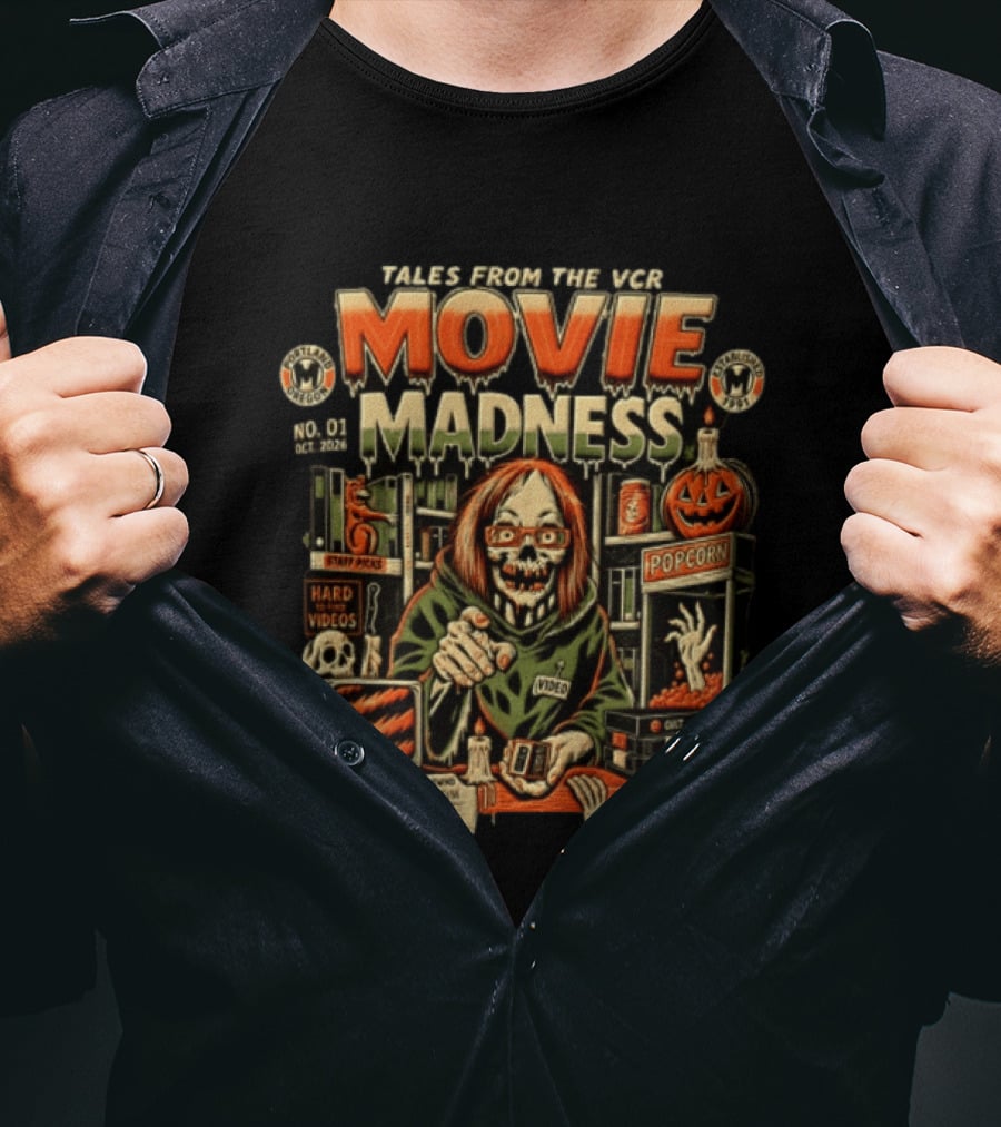 Tales From The VCR Movie Madness Halloween 2026 No. 01 October Horror Video Popcorn T-Shirt