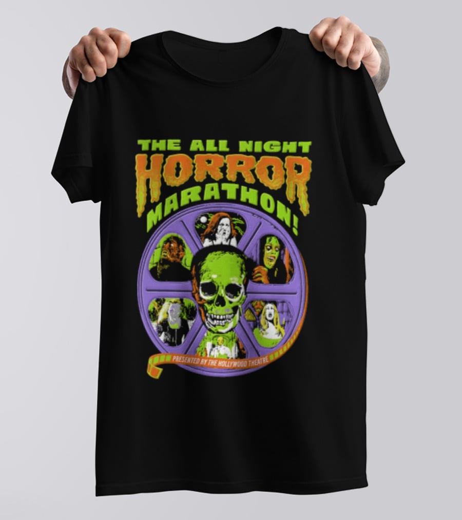The All Night Horror Marathon Presented By The Hollywood Theatre Skulls And Monster Faces 2026 T-Shirt