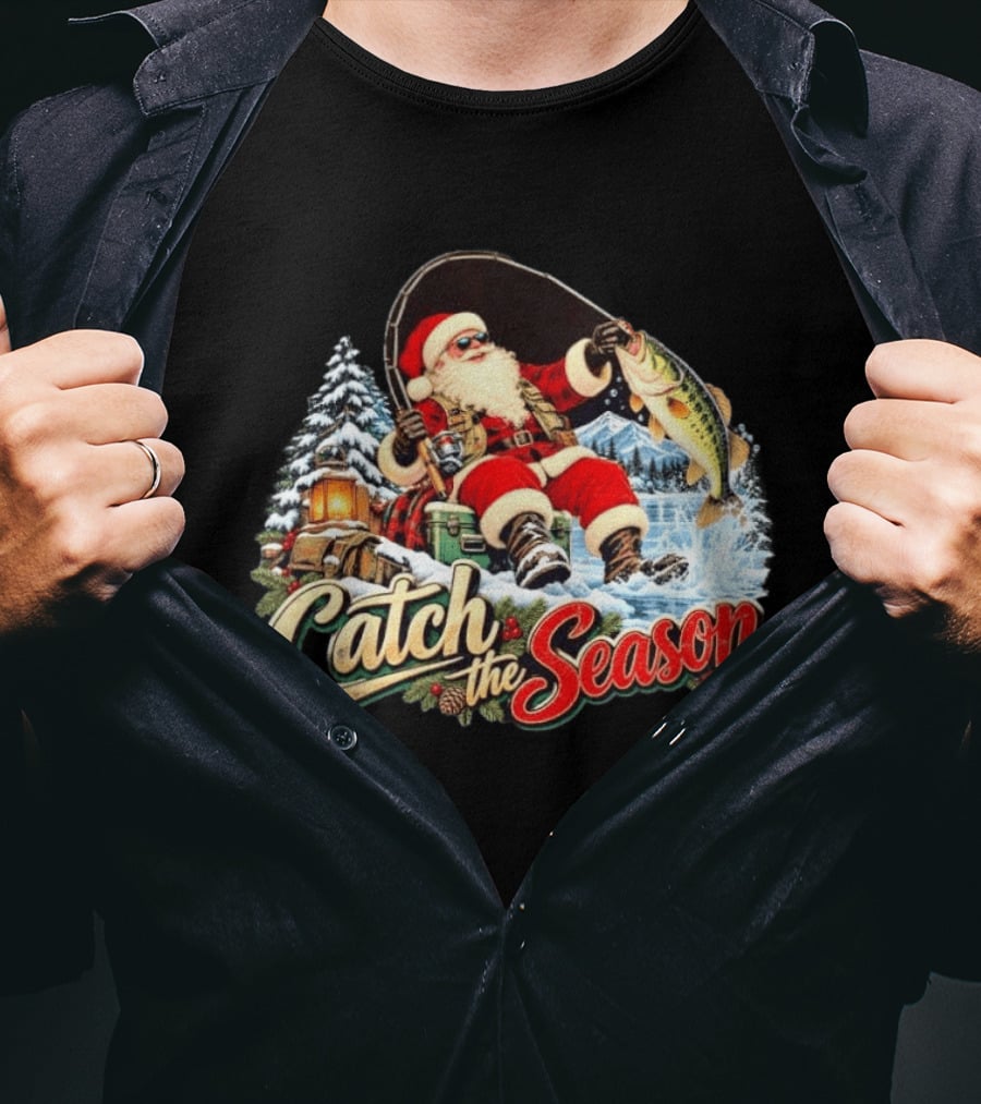 Catch The Season Santa Claus Fishing Christmas Snowy Scene T-Shirt