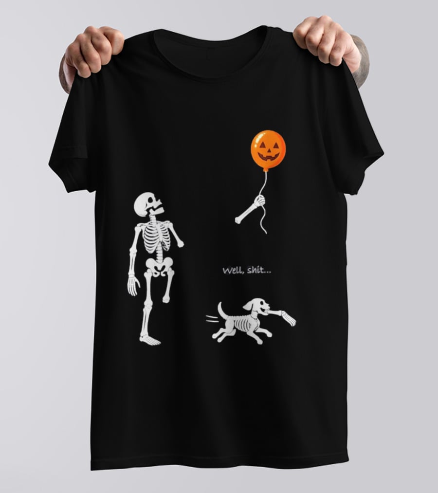 Skeleton Losing Halloween Pumpkin Balloon To Dog Well Shit T-Shirt