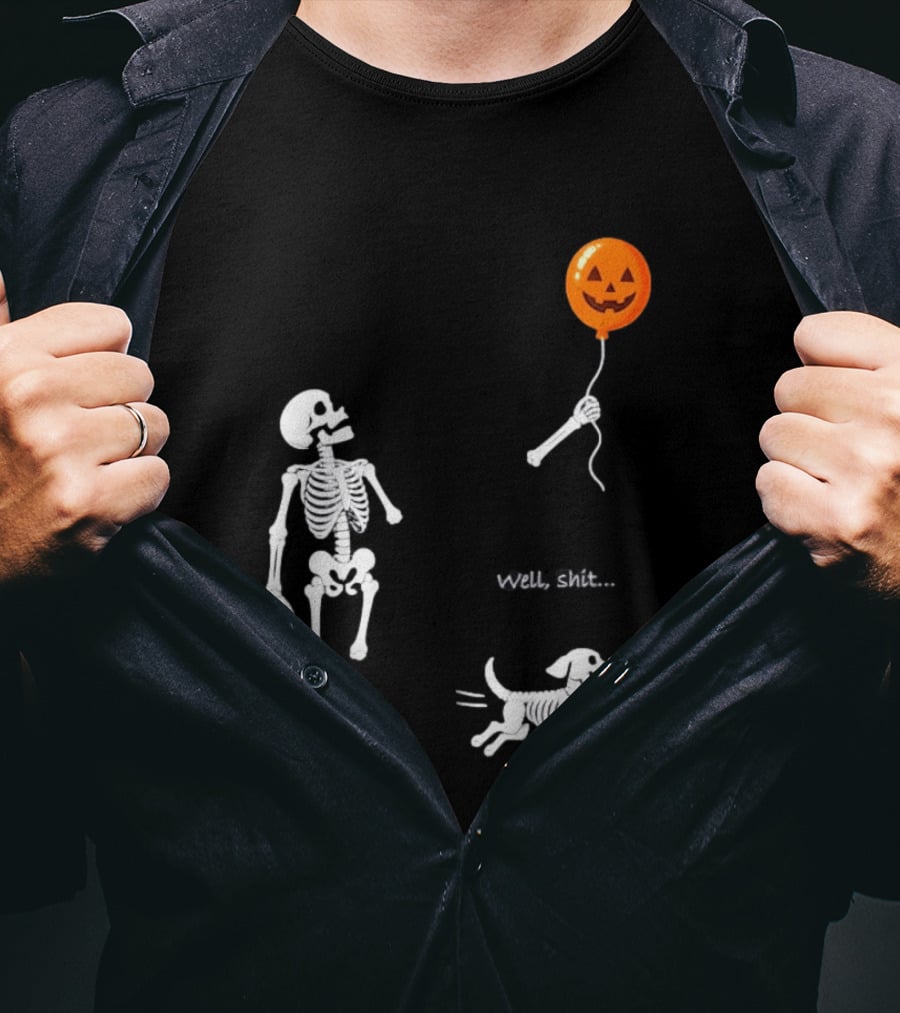Skeleton Losing Halloween Pumpkin Balloon To Dog Well Shit T-Shirt