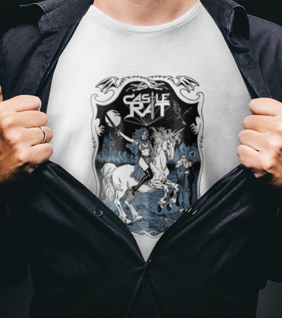Castle Rat Warrior Woman Riding Unicorn Wizard Fantasy Scene T-Shirt