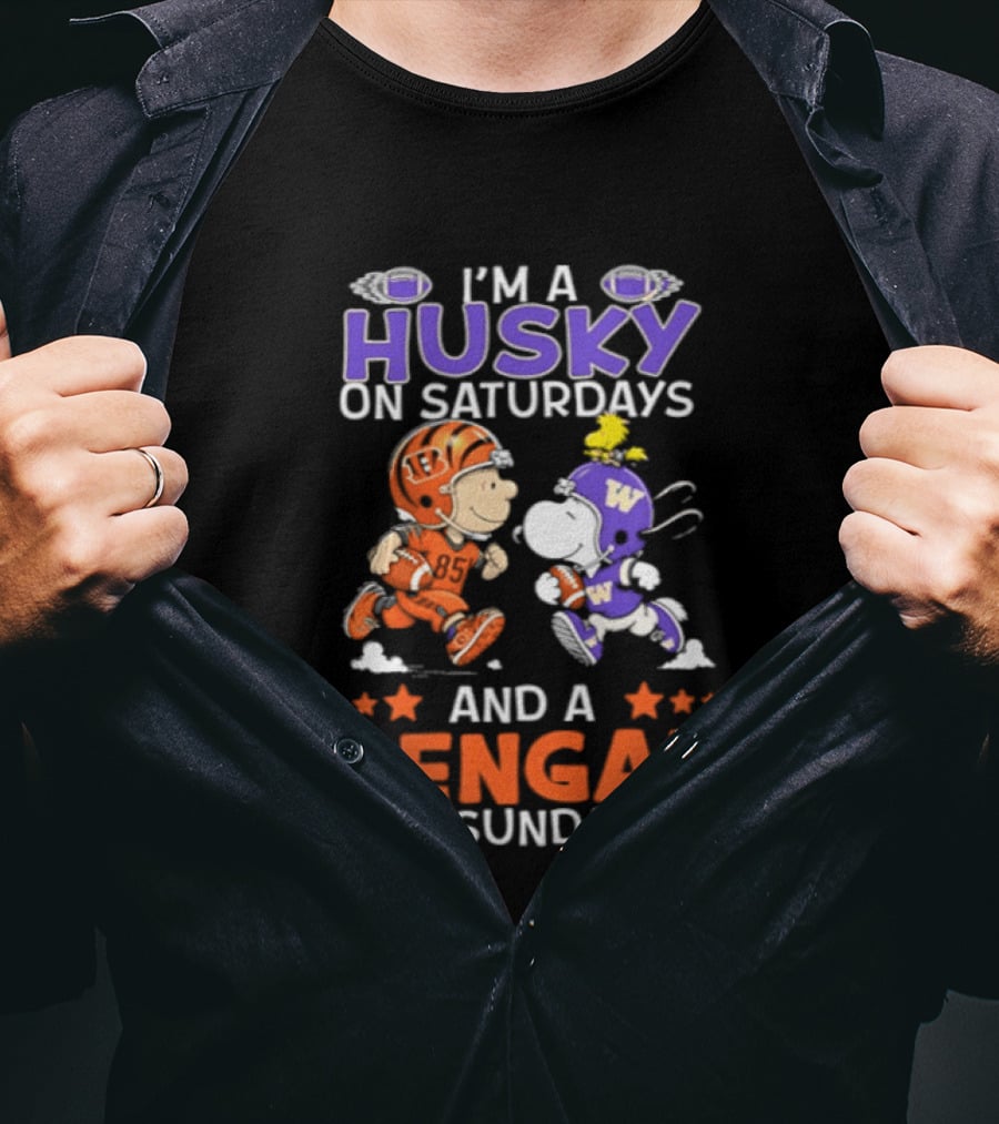 I'm A Husky On Saturdays And A Bengal On Sundays Snoopy And Charlie Brown Football Fan Days T-Shirt