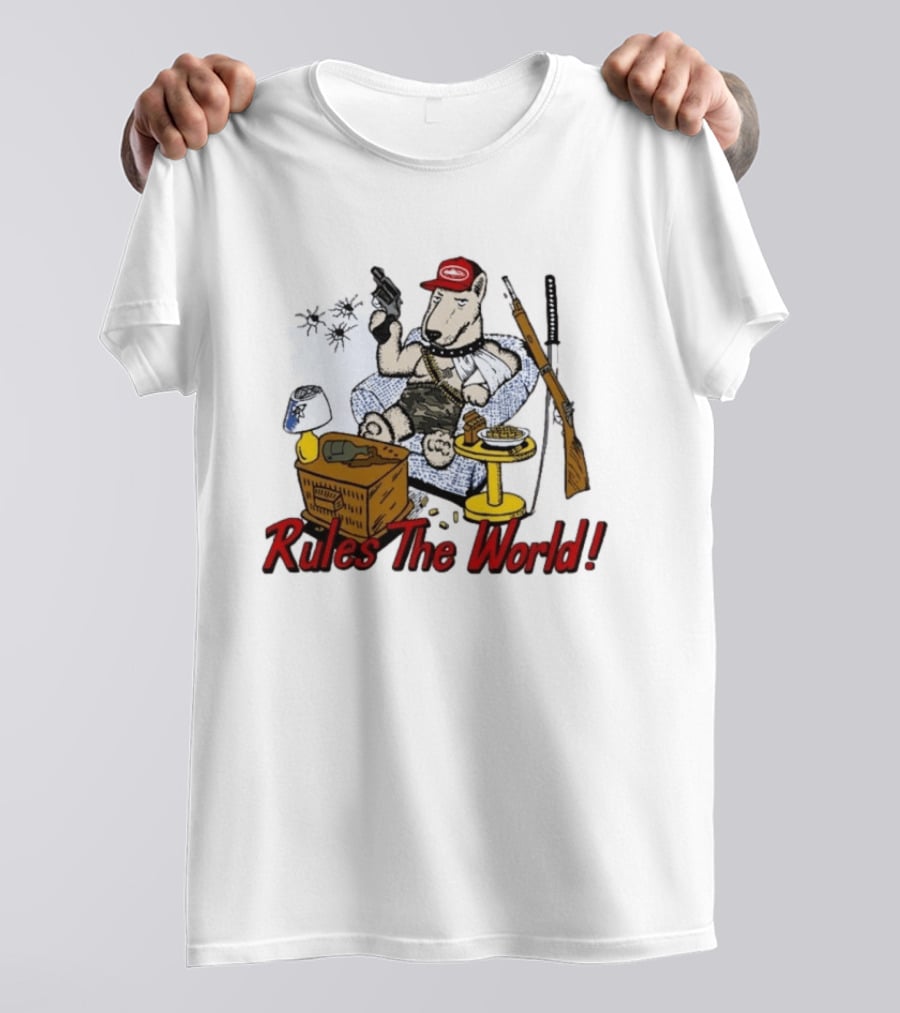 Corteiz Last Stand Rules The World Relaxed Gun Toting Bull Terrier In Camouflage And Cap T-Shirt