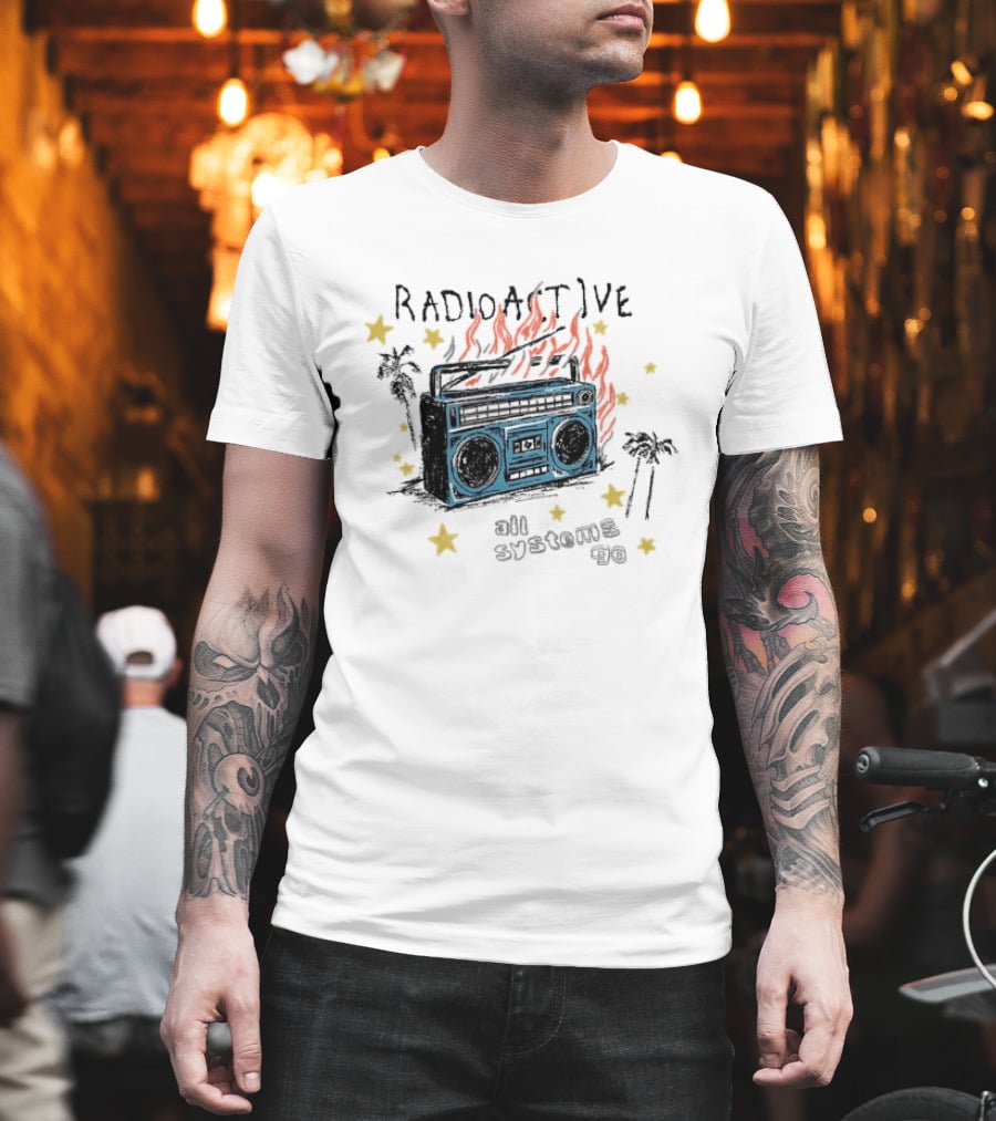 Radioactive All Systems Go Boombox Cassette Flames Stars Palms T-Shirt