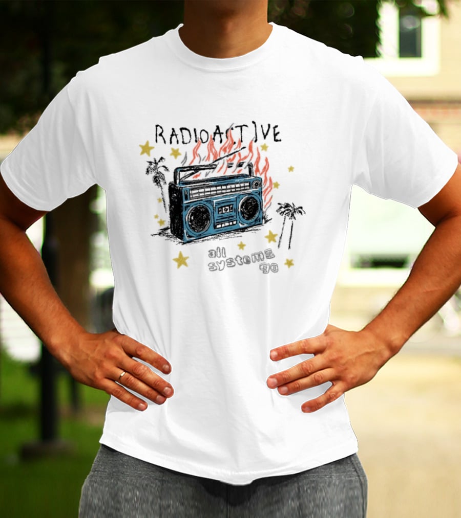 Radioactive All Systems Go Boombox Cassette Flames Stars Palms T-Shirt