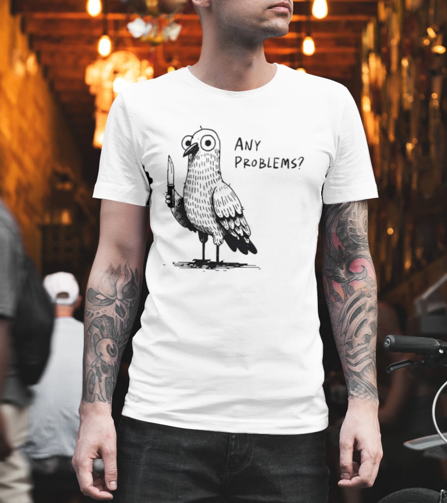 Pigeon With Knife Any Problems Retro Style Black Sketch T-Shirt