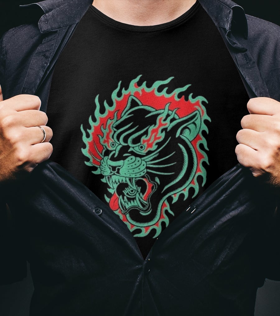 Bad Monday Panther Bite Heavy Flaming Green Red Panther T-Shirt