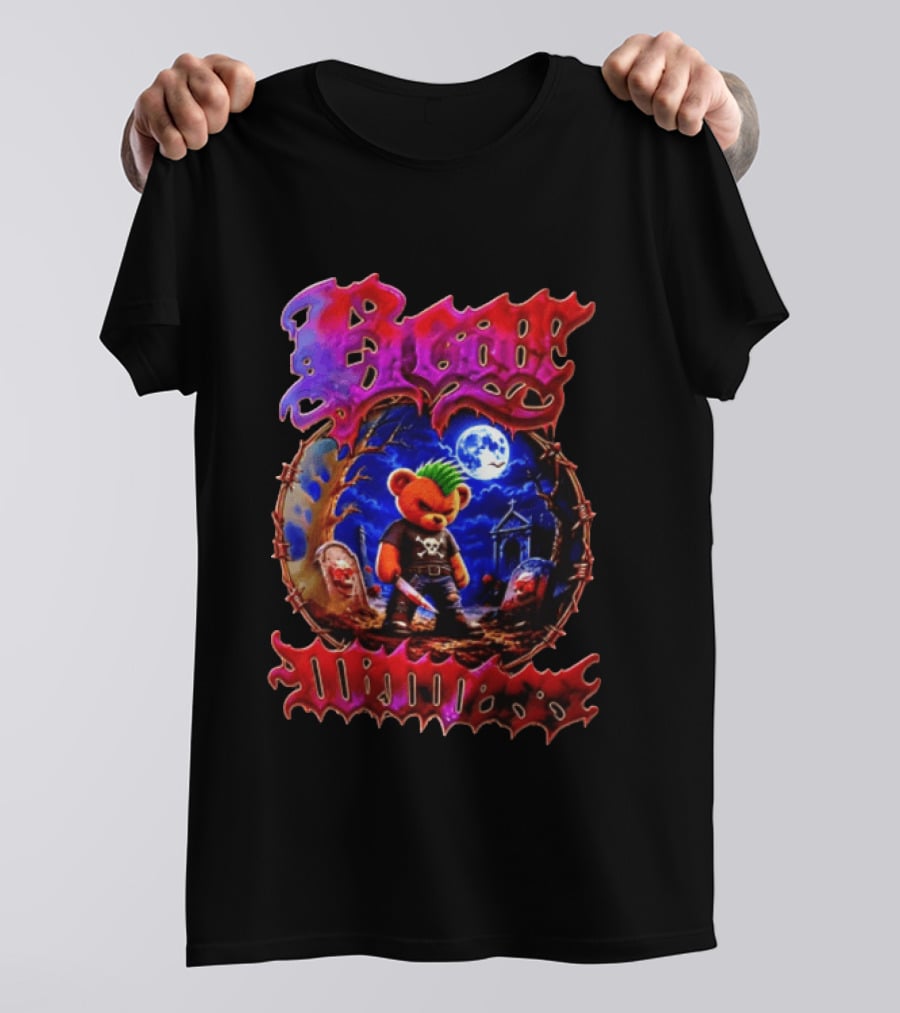 Bear Killers Punk Teddy Bear With Knife And Moonlit Graveyard Scene T-Shirt
