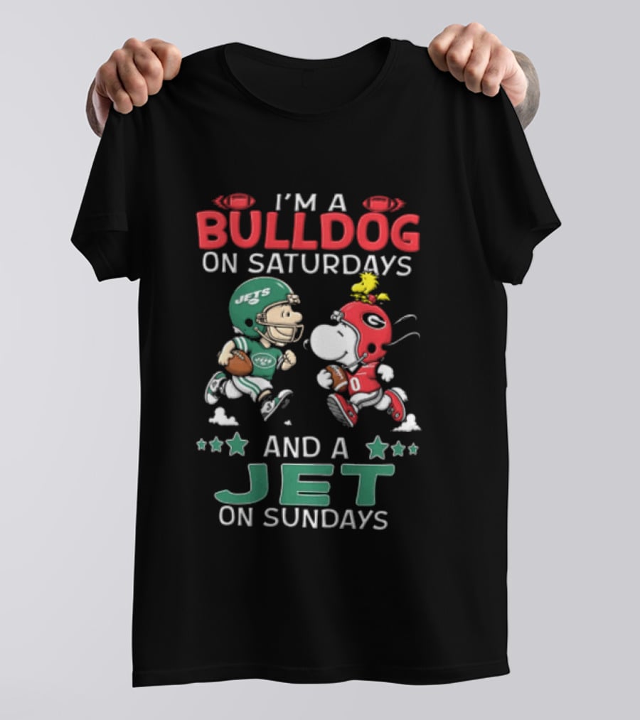 Charlie Brown Snoopy Woodstock I'm A Bulldog On Saturdays And A Jet On Sundays NCAAF NFL T-Shirt