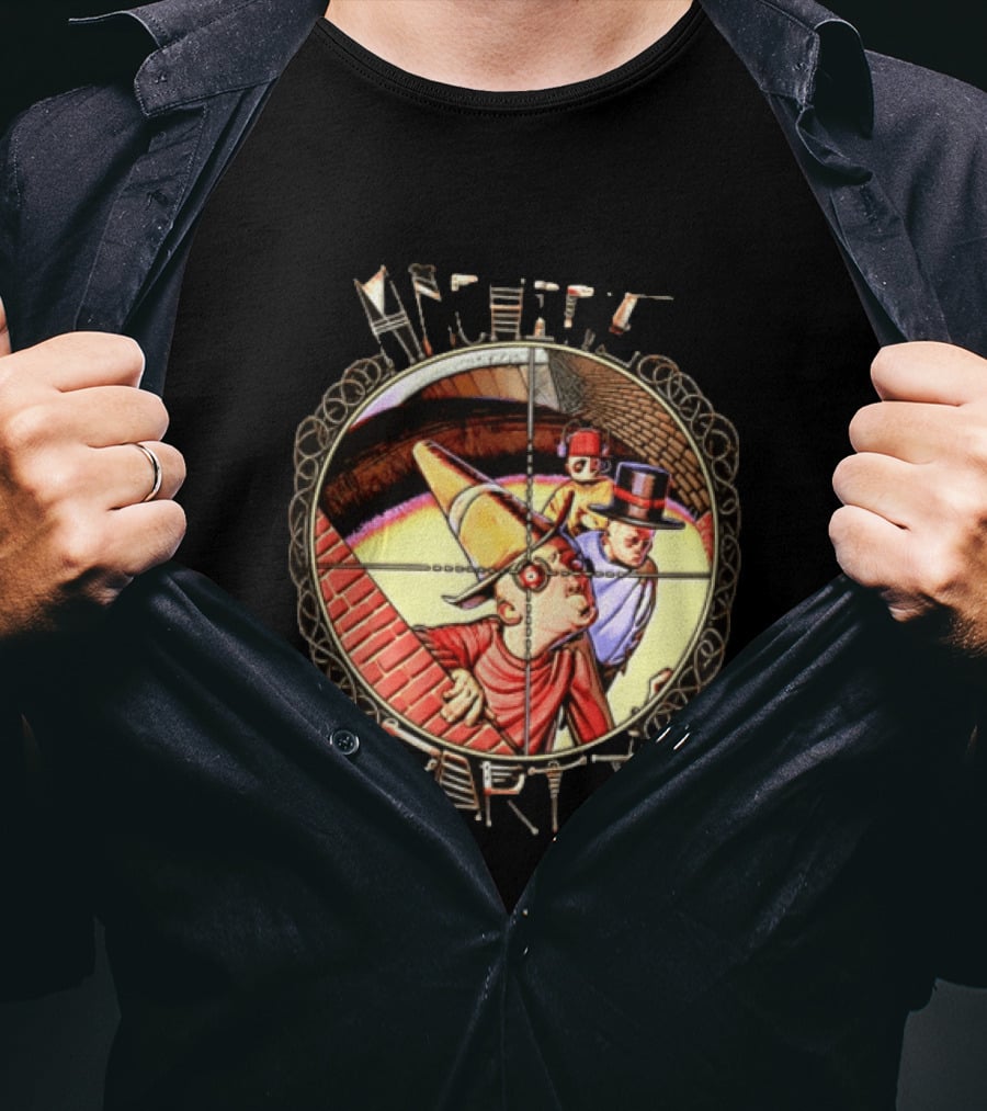 Machine Party Surreal Dark Fantasy Dystopian Vintage Cartoon Target Crosshair T-Shirt