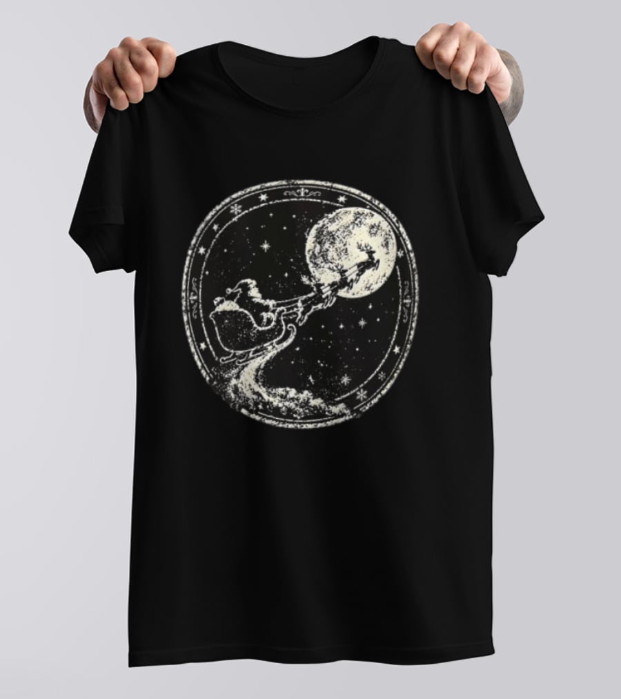 Santa Sleigh Flying Across Moonlit Night Vintage Stamp Christmas T-Shirt
