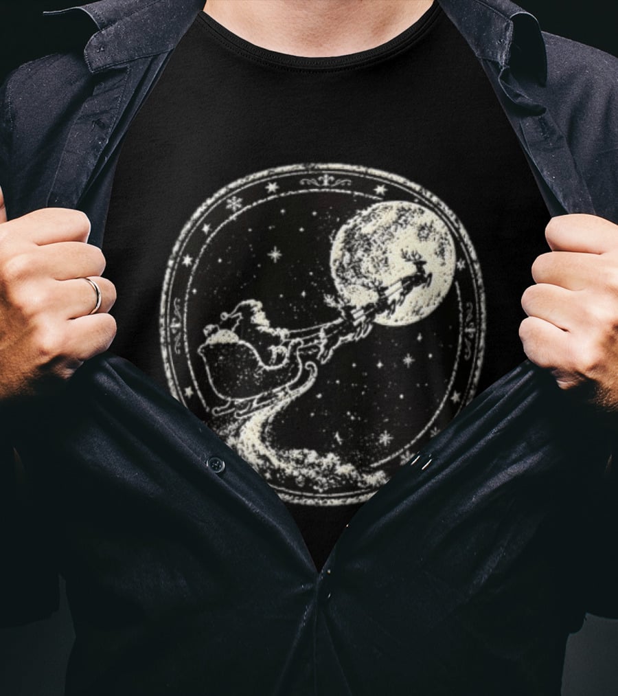 Santa Sleigh Flying Across Moonlit Night Vintage Stamp Christmas T-Shirt