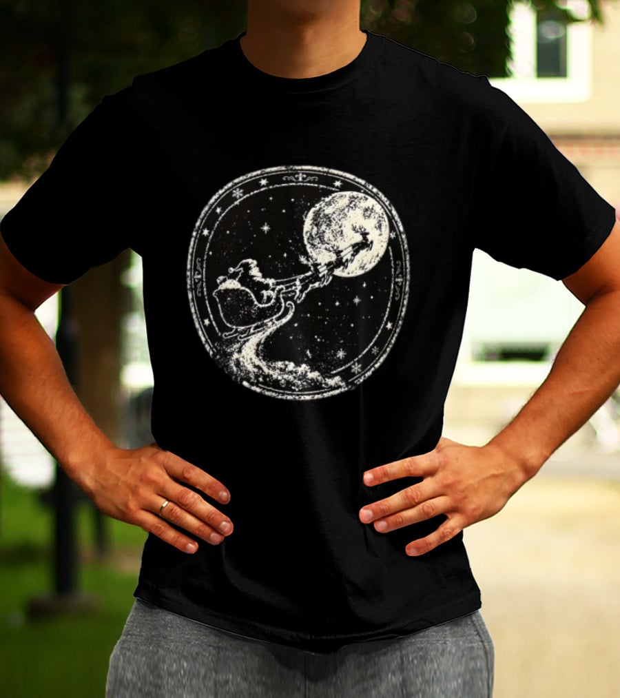 Santa Sleigh Flying Across Moonlit Night Vintage Stamp Christmas T-Shirt