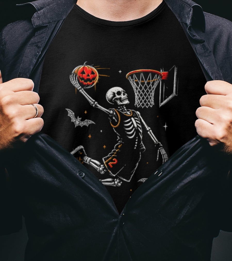 Halloween Skeleton Basketball Dunking Pumpkin Spooky Bats T-Shirt