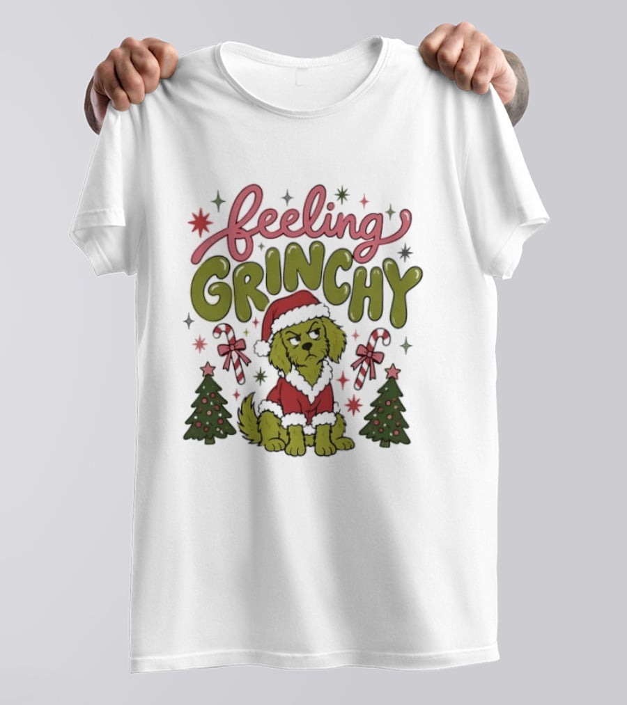 Feeling Grinchy Dog Christmas Santa Hat Candy Canes Trees T-Shirt