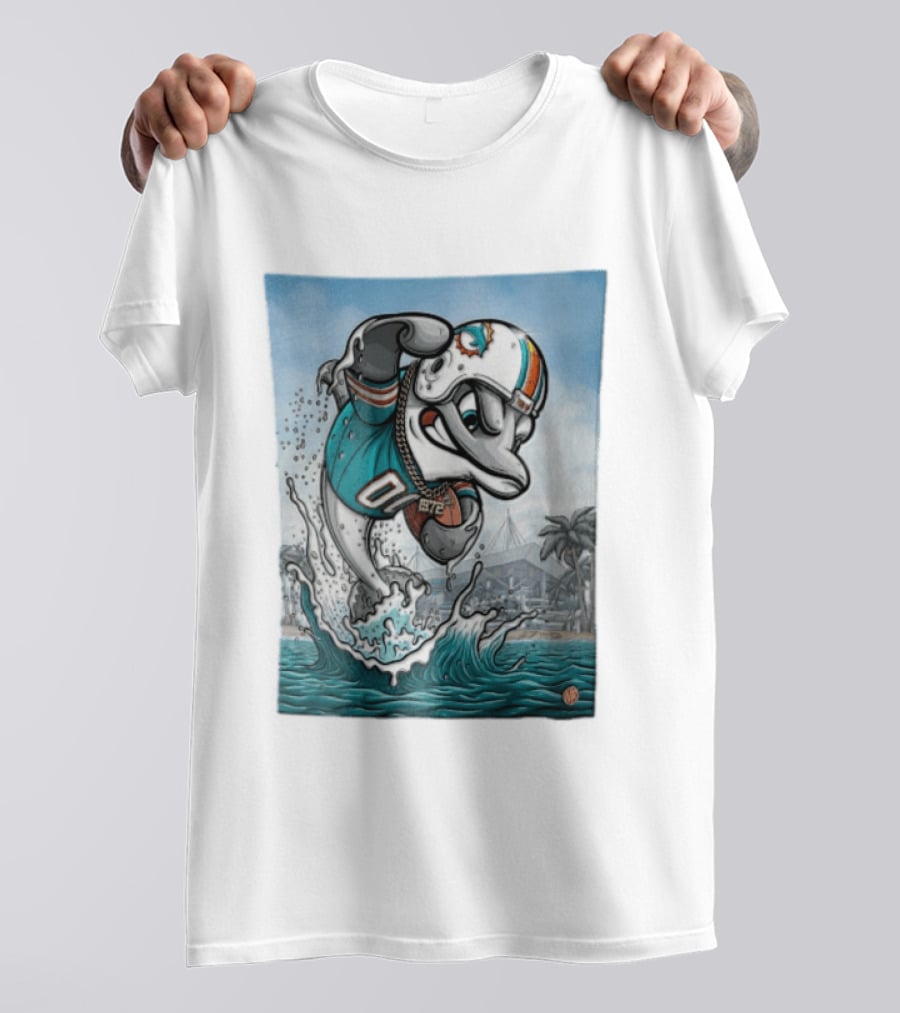 Miami Dolphins Garo Yepremian Fins Up 1972 Cartoon Dolphin Helmet Football T-Shirt