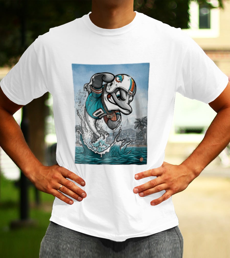 Miami Dolphins Garo Yepremian Fins Up 1972 Cartoon Dolphin Helmet Football T-Shirt