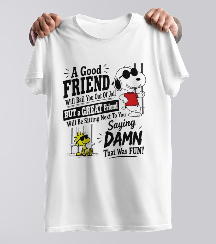 Snoopy And Woodstock A Good Friend Will Bail You Out Of Jail A Great Friend Will Be Sitting Next To You Saying Damn That Was Fun T-Shirt