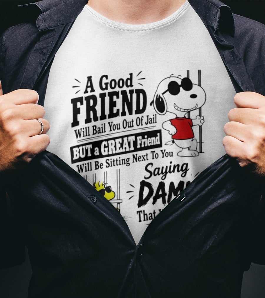 Snoopy And Woodstock A Good Friend Will Bail You Out Of Jail A Great Friend Will Be Sitting Next To You Saying Damn That Was Fun T-Shirt