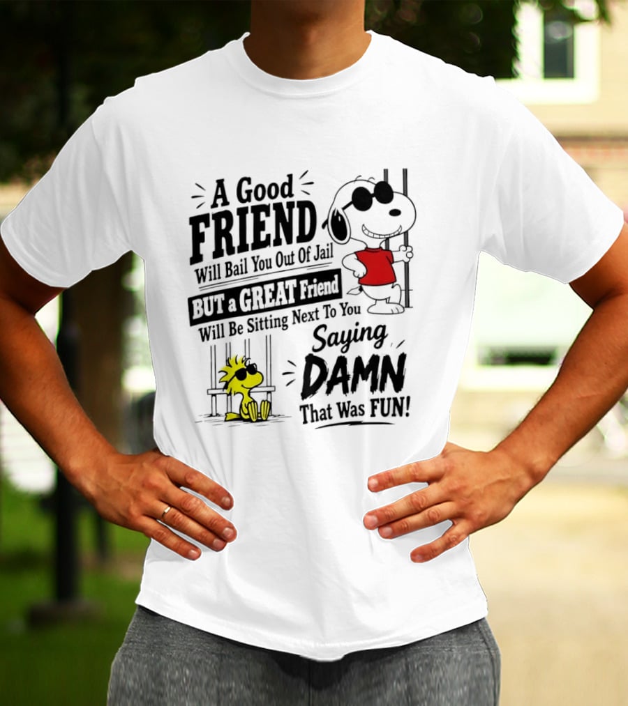 Snoopy And Woodstock A Good Friend Will Bail You Out Of Jail A Great Friend Will Be Sitting Next To You Saying Damn That Was Fun T-Shirt