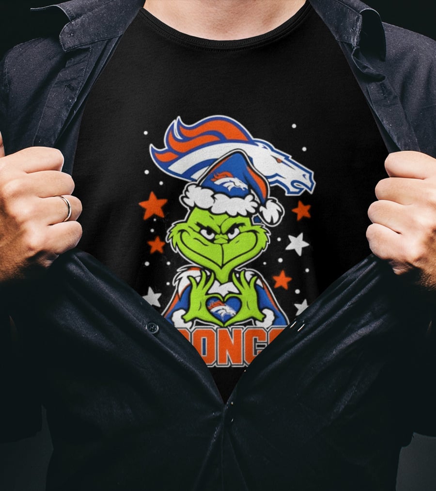 Broncos Christmas Grinch Heart Hands Love Denver Football T-Shirt