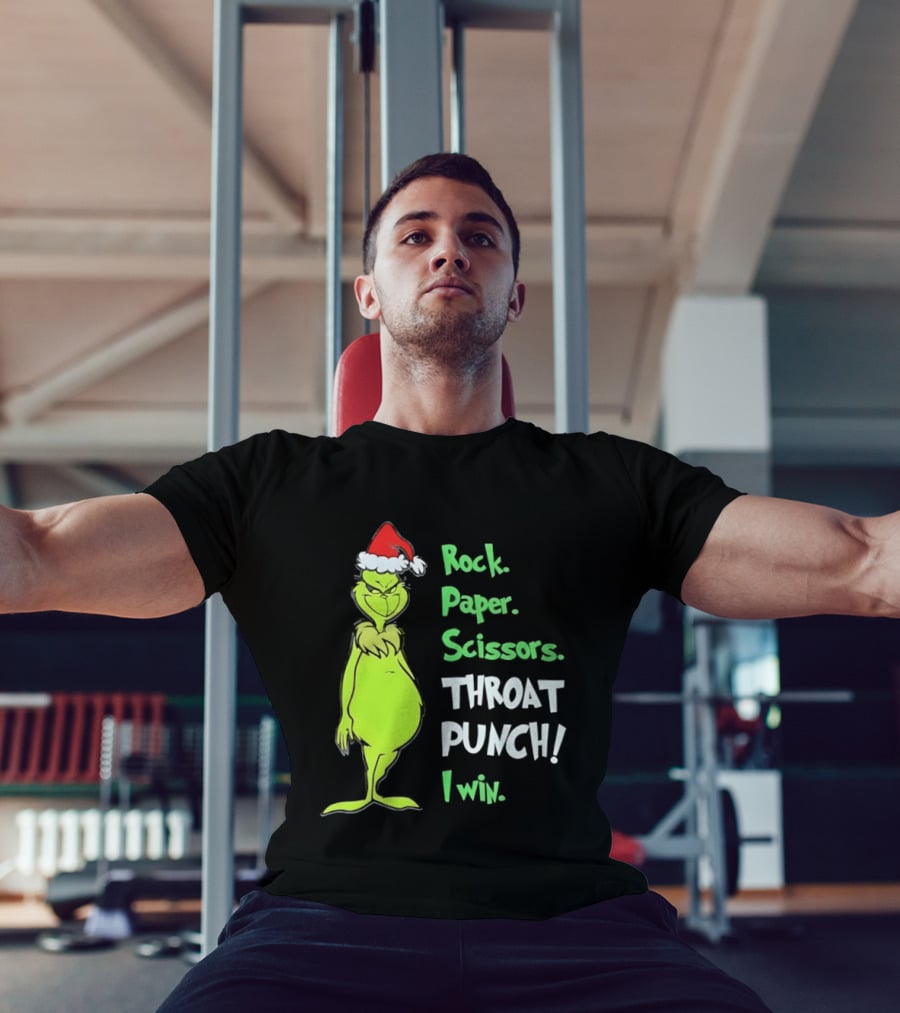 Rock Paper Scissors Throat Punch I Win Grinch With Santa Hat T-Shirt