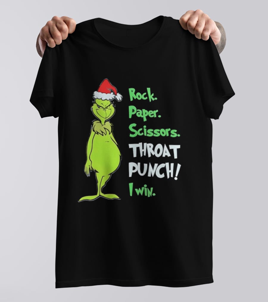 Rock Paper Scissors Throat Punch I Win Grinch With Santa Hat T-Shirt