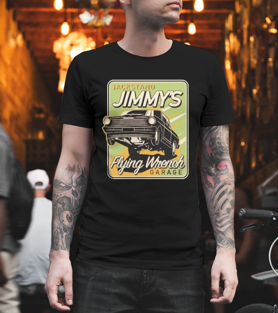 Jackstand Jimmy's Flying Wrench Garage Vintage Hot Rod Art Cleetus McFarland T-Shirt