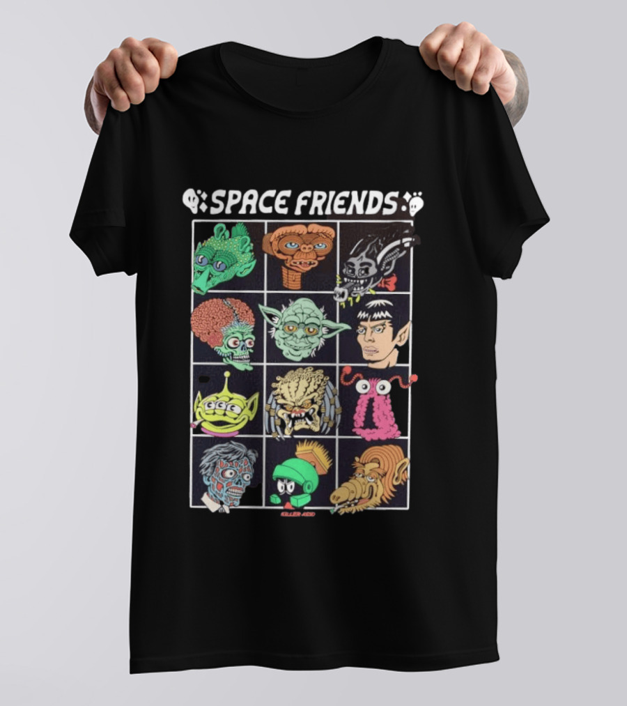 Space Friends Killer Acid Sci Fi Collage Alien Monster Characters T-Shirt