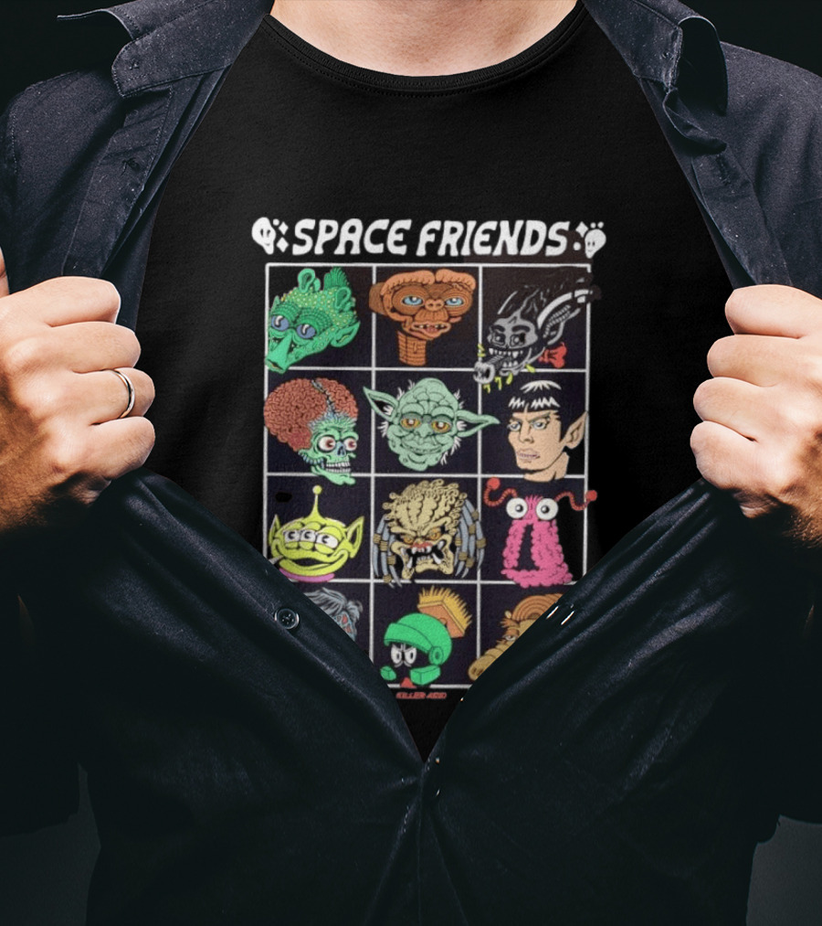 Space Friends Killer Acid Sci Fi Collage Alien Monster Characters T-Shirt