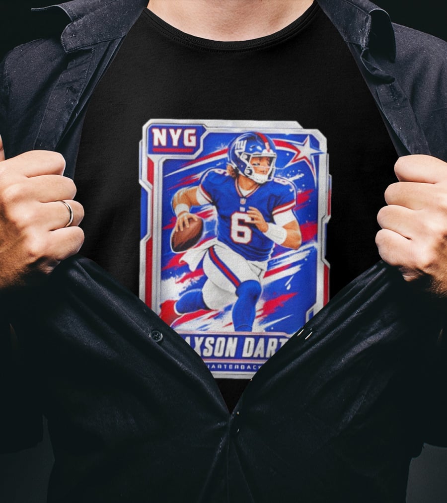 NYG Jaxson Dart 2026 Trading Card Blue Jersey Quarterback T-Shirt