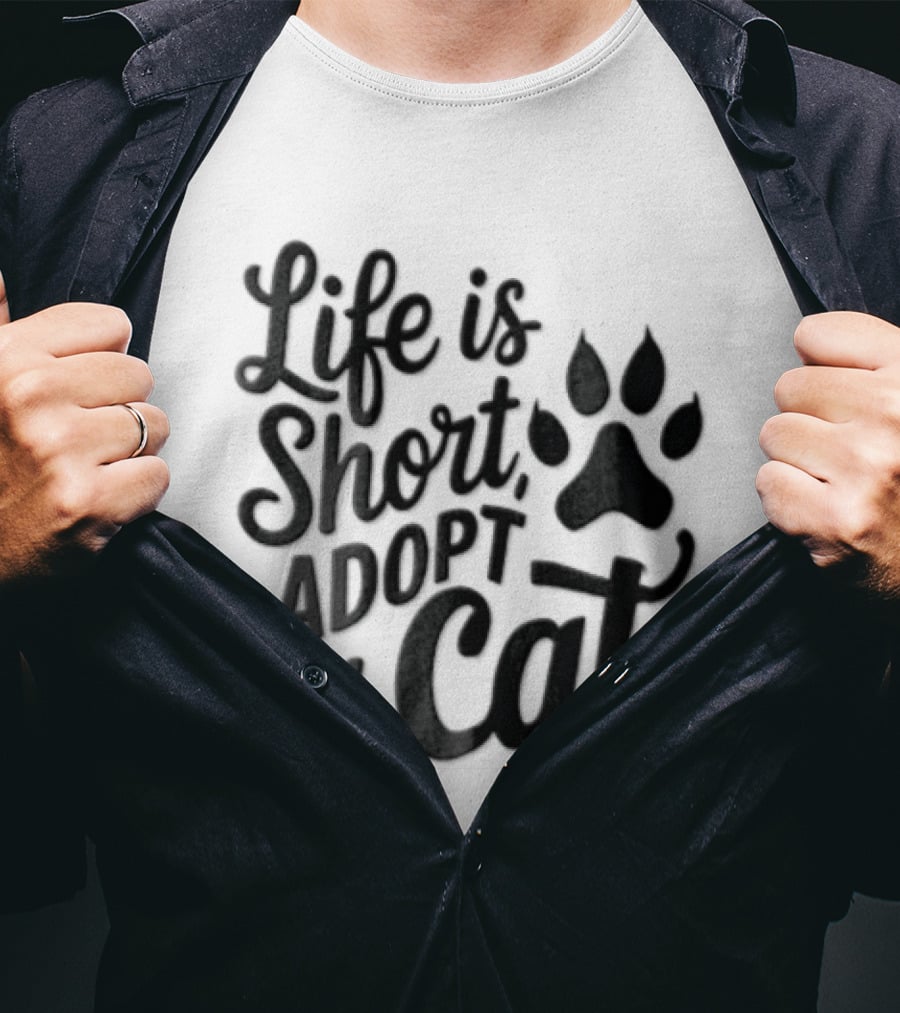 Life Is Short Adopt A Cat Paw Print T-Shirt