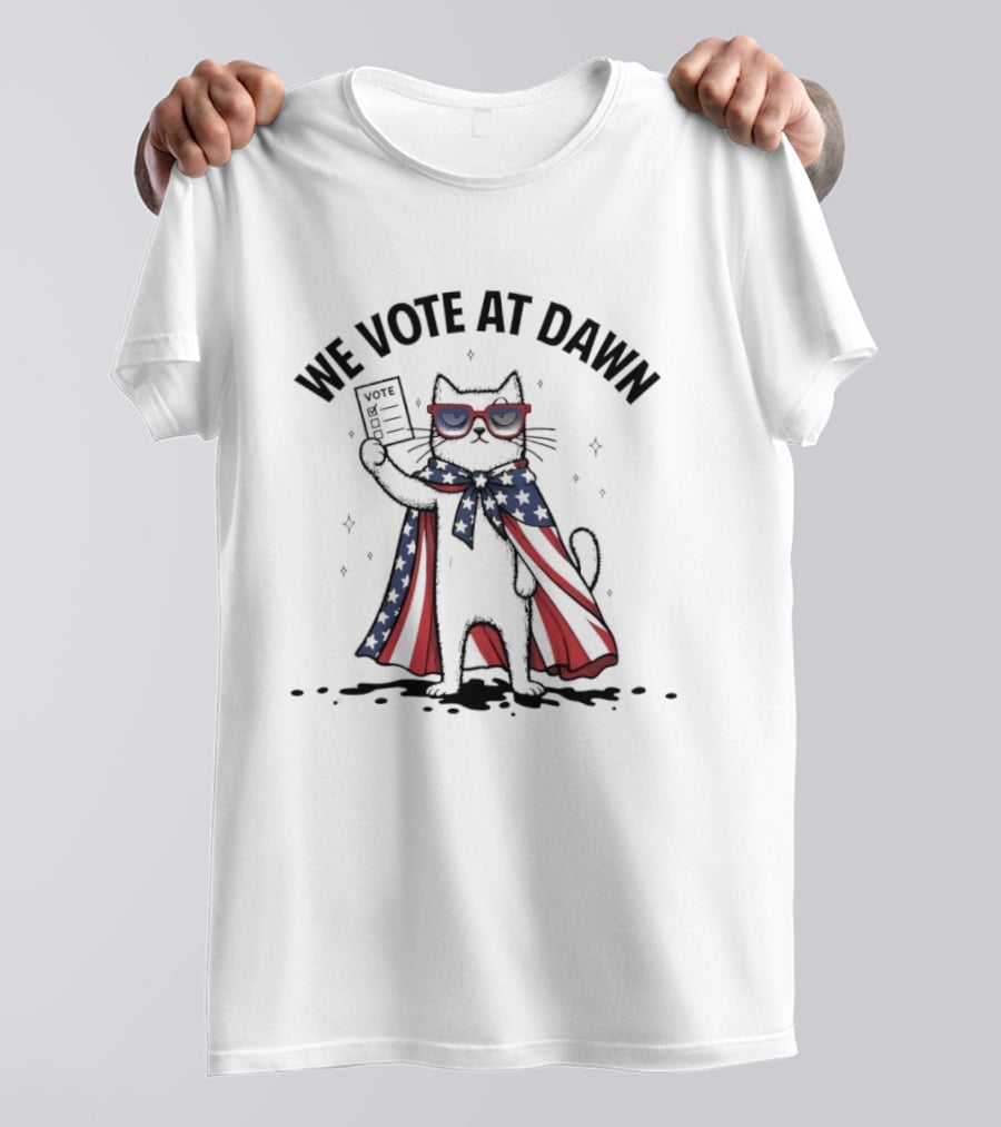 We Vote At Dawn Patriotic Cat With Stars And Stripes Cape And Glasses T-Shirt