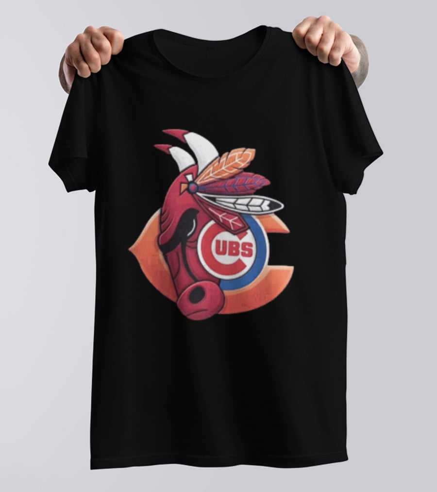 Chicago Bears Cubs Red Bull Native American Headdress T-Shirt