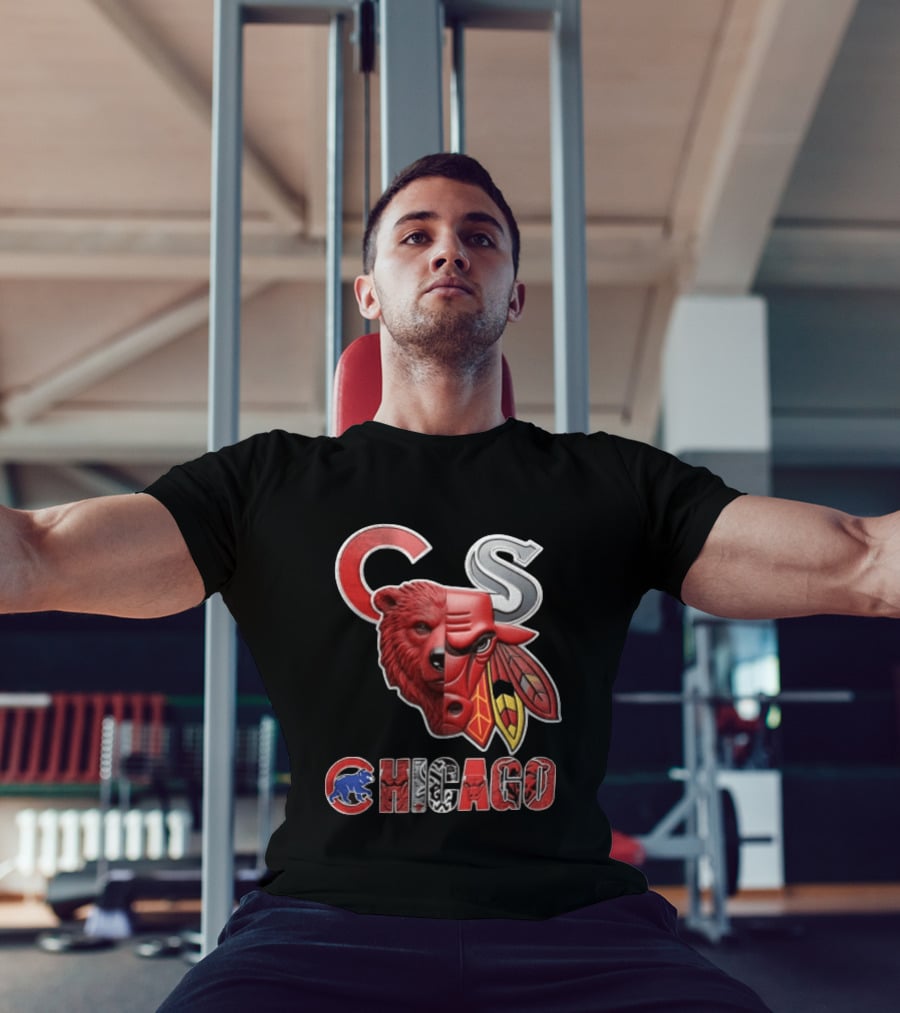 Chicago Cubs Bulls Blackhawks Split Face Bear Bull T-Shirt