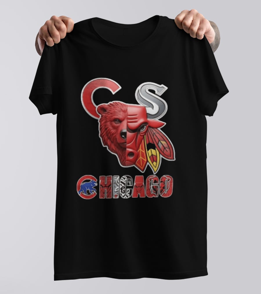 Chicago Cubs Bulls Blackhawks Split Face Bear Bull T-Shirt