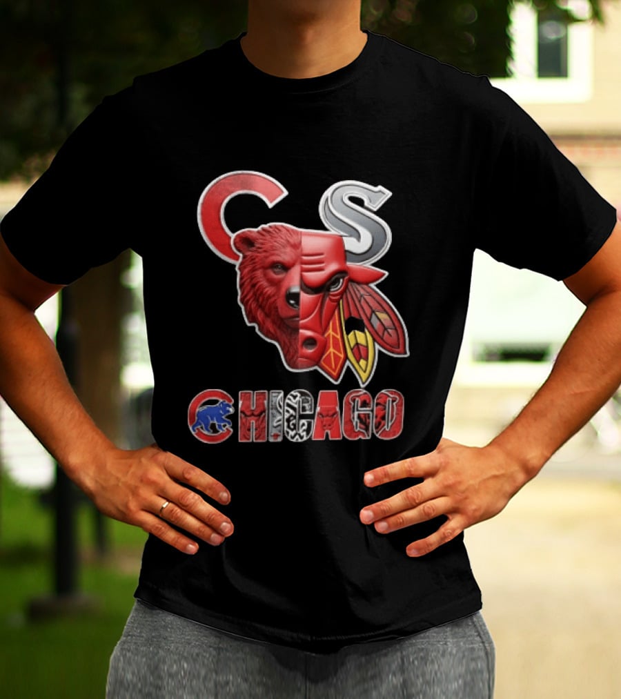 Chicago Cubs Bulls Blackhawks Split Face Bear Bull T-Shirt