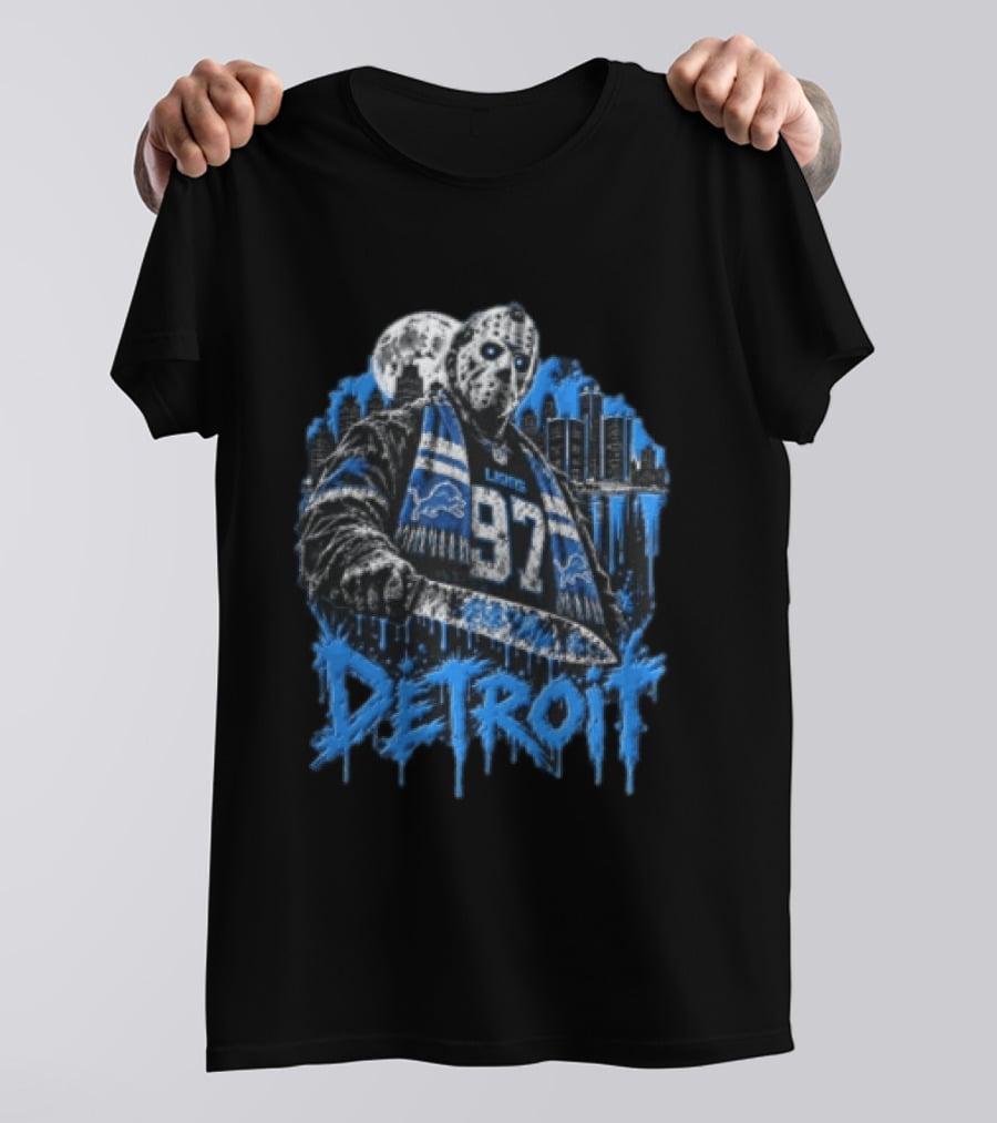 Detroit Lions Aidan Hutchinson 97 Jason Voorhees Knife Detroit Skyline Lions T-Shirt