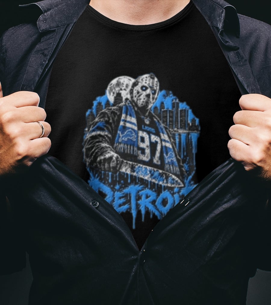 Detroit Lions Aidan Hutchinson 97 Jason Voorhees Knife Detroit Skyline Lions T-Shirt